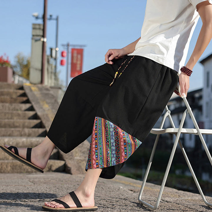 Pantaloni larghi da uomo in cotone con coulisse e tasche, motivo patchwork bohémien con Buddha Stones
