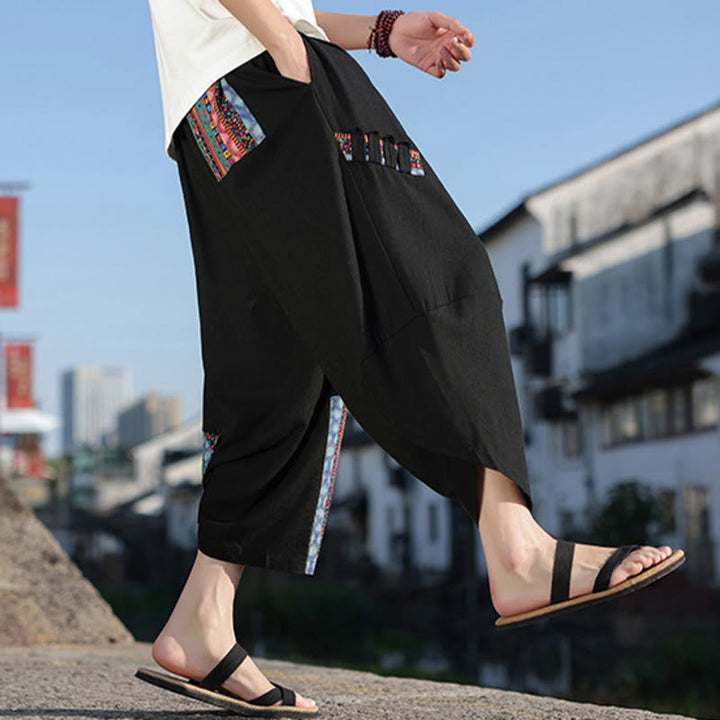 Pantaloni larghi da uomo in cotone con coulisse e tasche, motivo patchwork bohémien con Buddha Stones