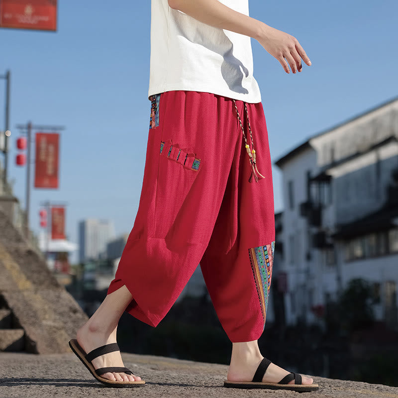 Pantaloni larghi da uomo in cotone con coulisse e tasche, motivo patchwork bohémien con Buddha Stones