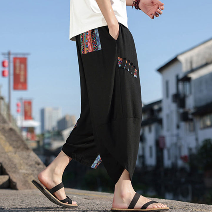 Pantaloni larghi da uomo in cotone con coulisse e tasche, motivo patchwork bohémien con Buddha Stones - Nero - US/UK/AU46, EU56 (5XL) - image 0