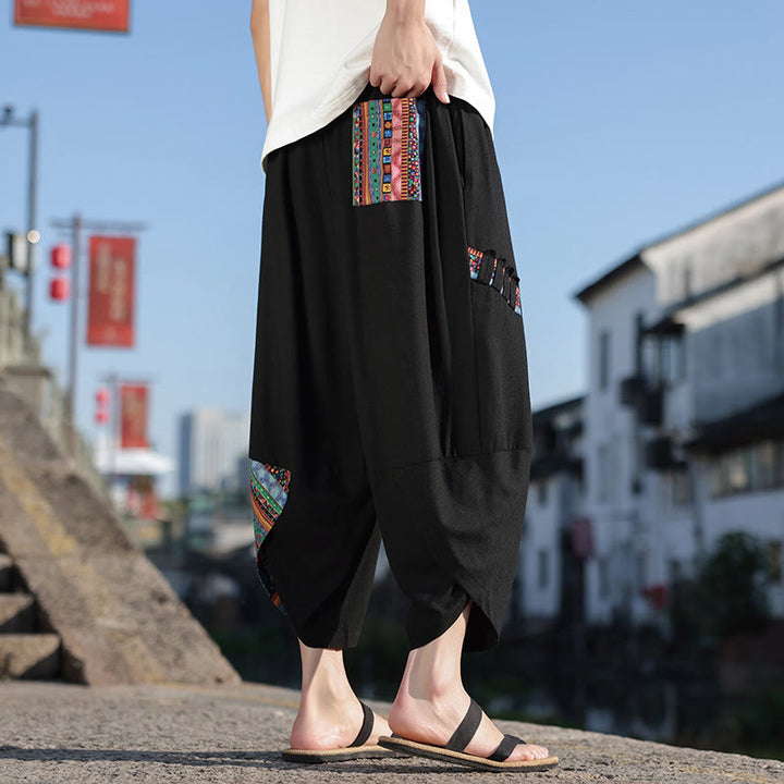 Pantaloni larghi da uomo in cotone con coulisse e tasche, motivo patchwork bohémien con Buddha Stones