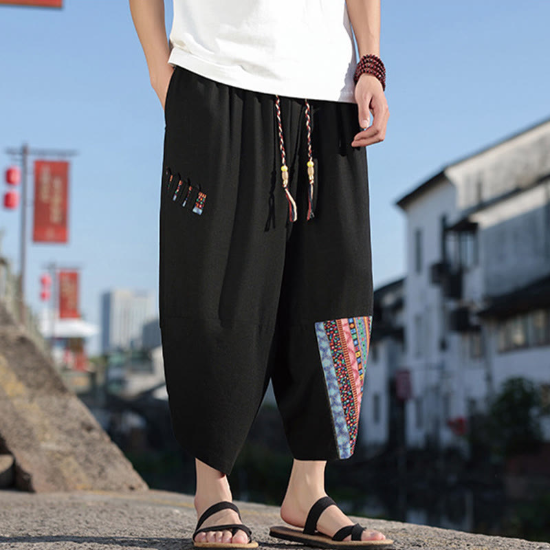 Pantaloni larghi da uomo in cotone con coulisse e tasche, motivo patchwork bohémien con Buddha Stones