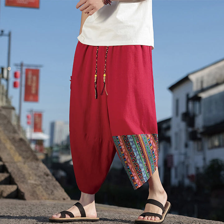 Pantaloni larghi da uomo in cotone con coulisse e tasche, motivo patchwork bohémien con Buddha Stones