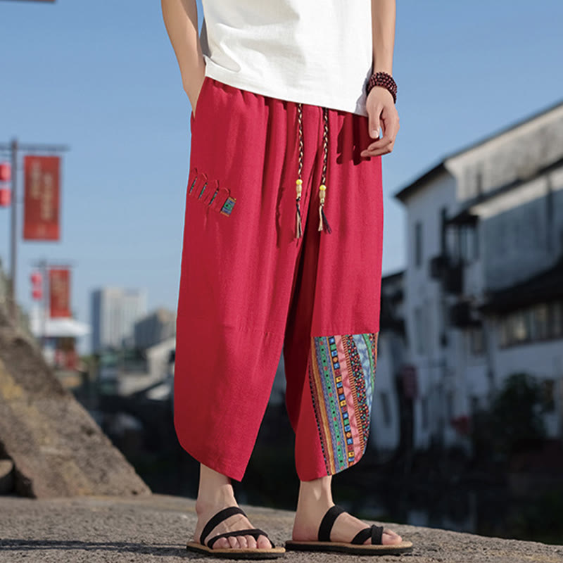 Pantaloni larghi da uomo in cotone con coulisse e tasche, motivo patchwork bohémien con Buddha Stones