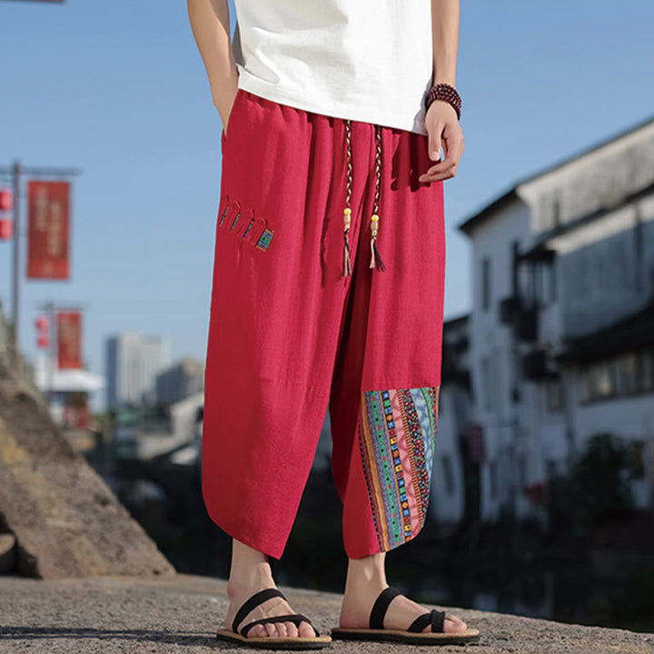 Pantaloni larghi da uomo in cotone con coulisse e tasche, motivo patchwork bohémien con Buddha Stones