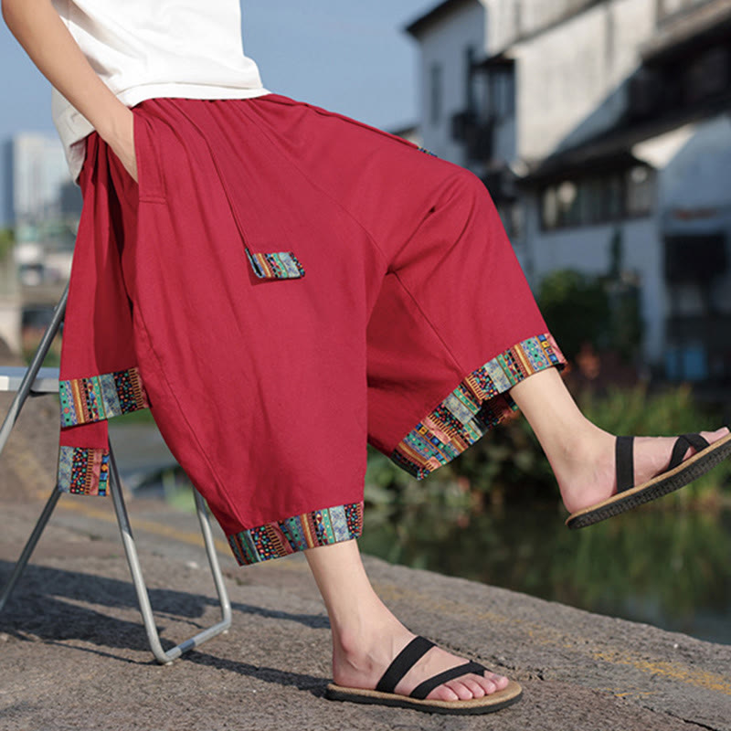 Pantaloni da uomo a gamba larga in cotone con tasche, lunghezza 7-8, Buddha Stones, etnici estivi