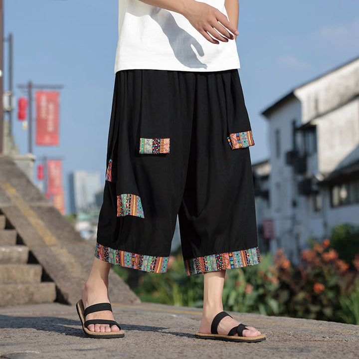 Pantaloni da uomo a gamba larga in cotone con tasche, lunghezza 7-8, Buddha Stones, etnici estivi