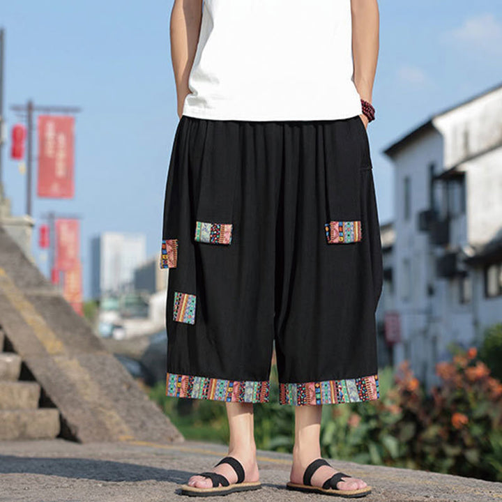 Pantaloni da uomo a gamba larga in cotone con tasche, lunghezza 7-8, Buddha Stones, etnici estivi - Nero - US/UK/AU46, EU56 (5XL) - image 0