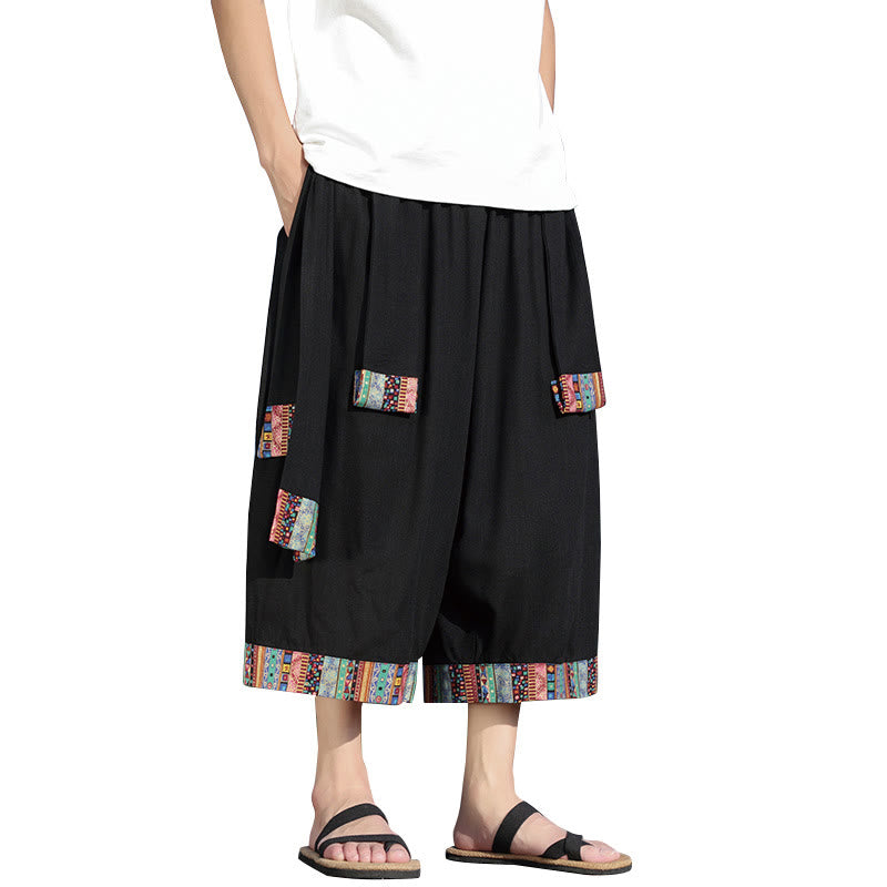Pantaloni da uomo a gamba larga in cotone con tasche, lunghezza 7-8, Buddha Stones, etnici estivi