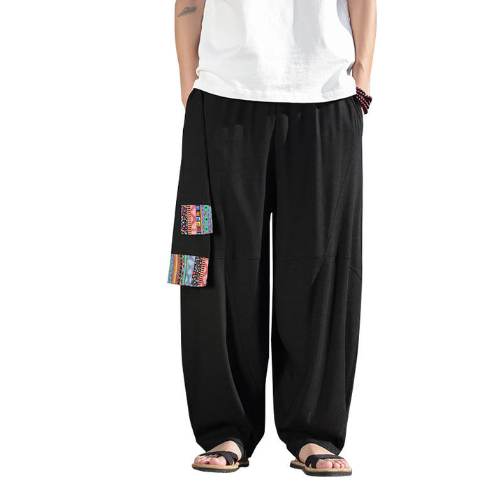 Pantaloni larghi da uomo in cotone morbido con coulisse e tasche, motivo patchwork semplice Buddha Stones - image 21