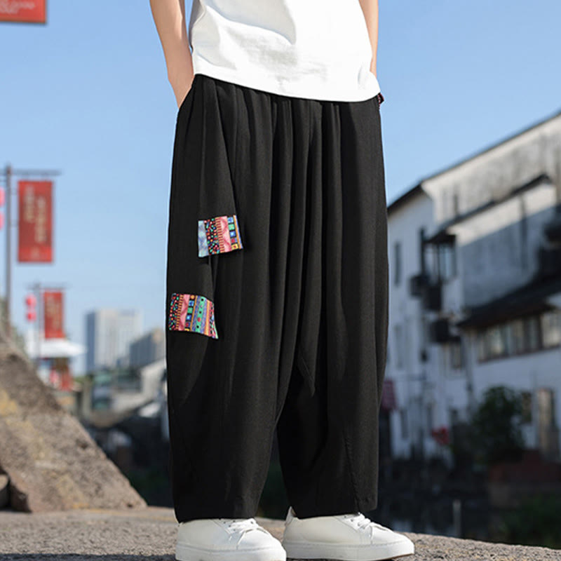 Pantaloni da uomo a gamba larga in cotone morbido con coulisse e tasche, motivo patchwork semplice Buddha Stones