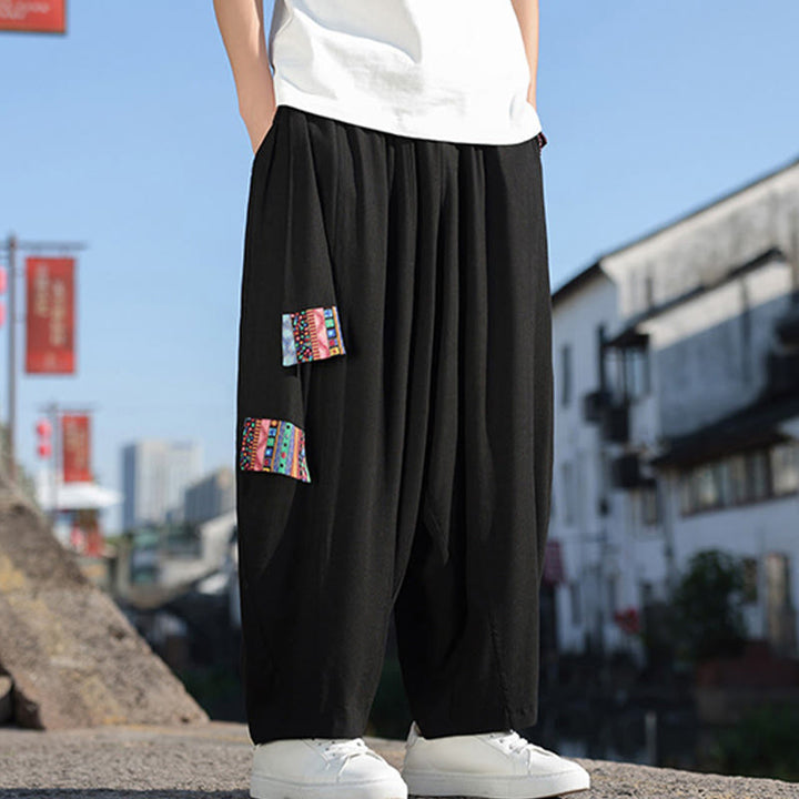 Pantaloni da uomo a gamba larga in cotone morbido con coulisse e tasche, motivo patchwork semplice Buddha Stones