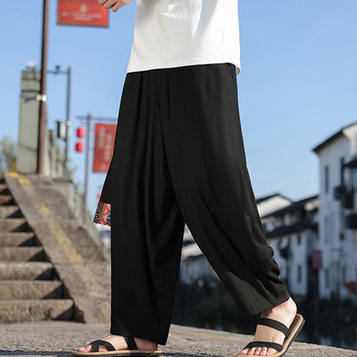Pantaloni da uomo a gamba larga in cotone morbido con coulisse e tasche, motivo patchwork semplice Buddha Stones