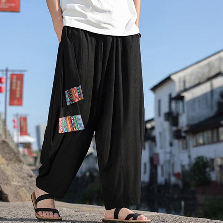 Pantaloni da uomo a gamba larga in cotone morbido con coulisse e tasche, motivo patchwork semplice Buddha Stones