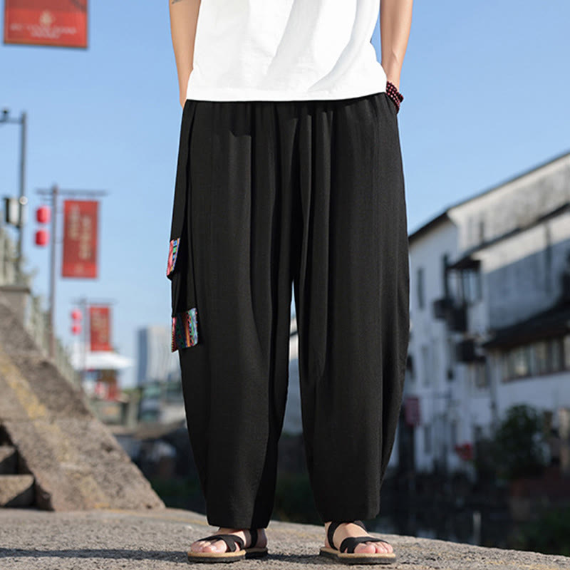 Pantaloni da uomo a gamba larga in cotone morbido con coulisse e tasche, motivo patchwork semplice Buddha Stones