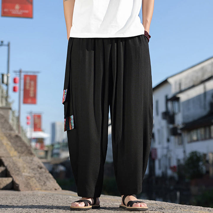 Pantaloni da uomo a gamba larga in cotone morbido con coulisse e tasche, motivo patchwork semplice Buddha Stones