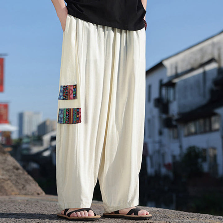 Pantaloni larghi da uomo in cotone morbido con coulisse e tasche, motivo patchwork semplice Buddha Stones - image 4