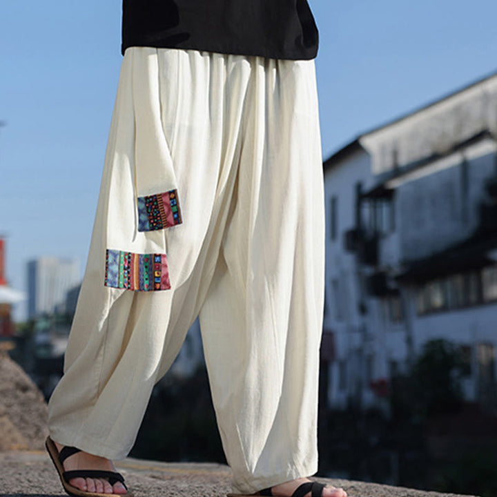 Pantaloni da uomo a gamba larga in cotone morbido con coulisse e tasche, motivo patchwork semplice Buddha Stones