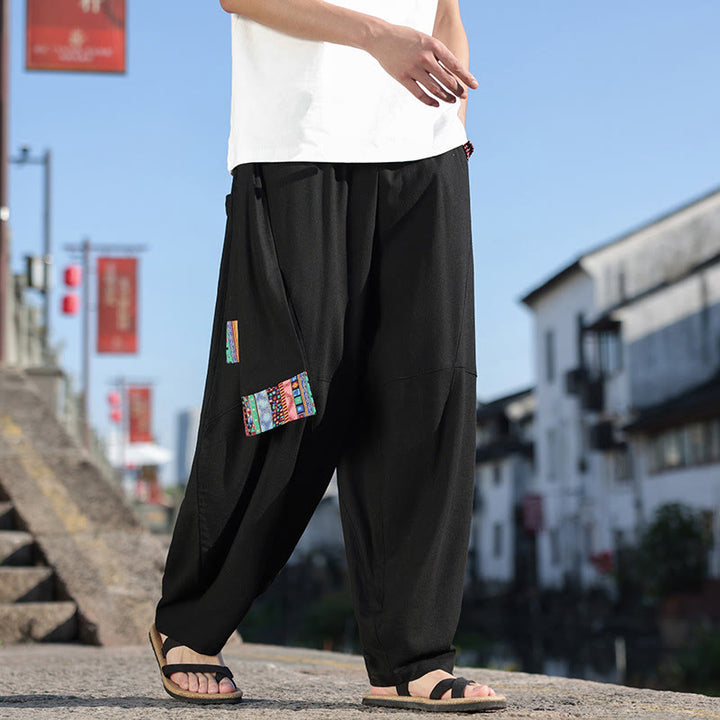 Pantaloni larghi da uomo in cotone morbido con coulisse e tasche, motivo patchwork semplice Buddha Stones - image 16