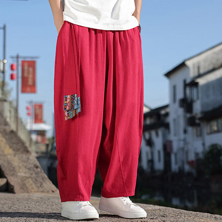 Pantaloni da uomo a gamba larga in cotone morbido con coulisse e tasche, motivo patchwork semplice Buddha Stones