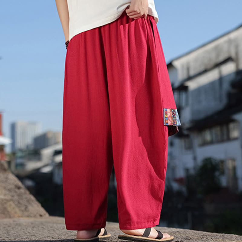 Pantaloni larghi da uomo in cotone morbido con coulisse e tasche, motivo patchwork semplice Buddha Stones - image 29