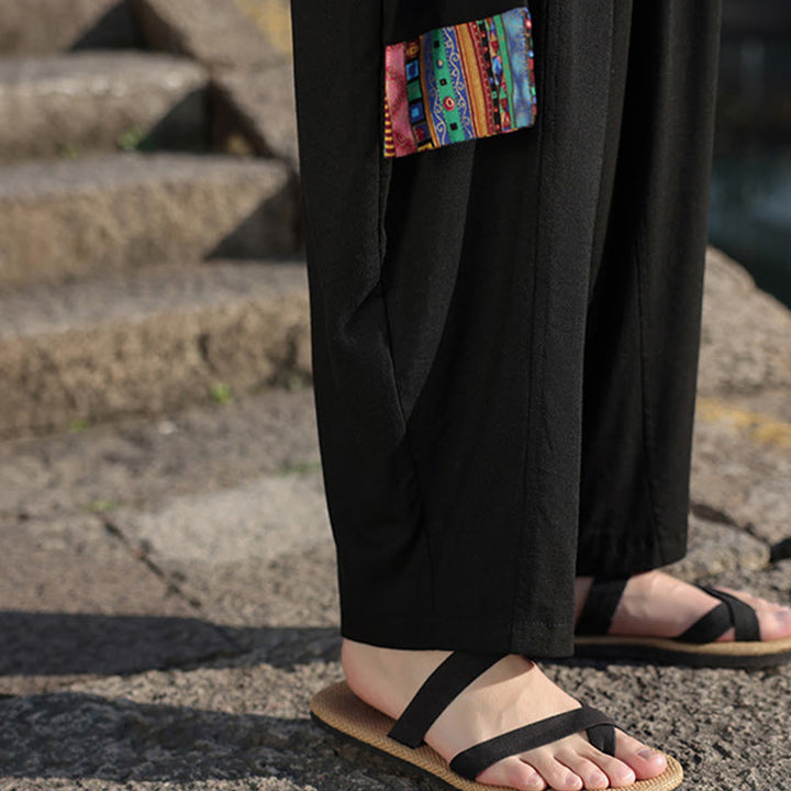 Pantaloni larghi da uomo in cotone morbido con coulisse e tasche, motivo patchwork semplice Buddha Stones - image 25