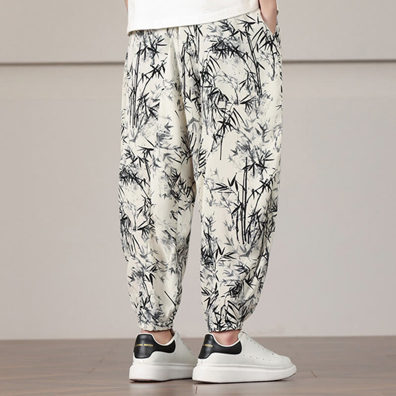 Pantaloni harem da uomo con coulisse e tasche con motivo a foglie di bambù Buddha Stones