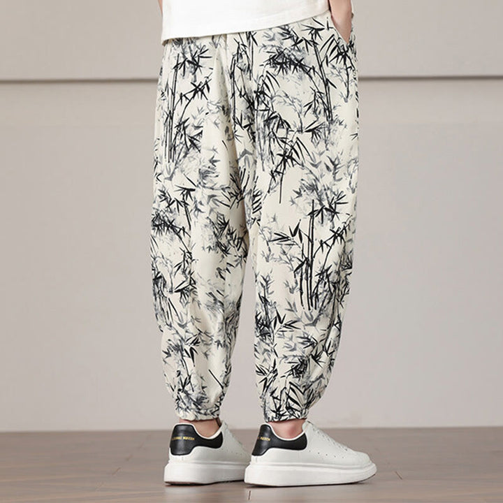 Pantaloni harem da uomo con coulisse e tasche con motivo a foglie di bambù Buddha Stones