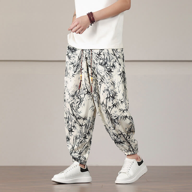 Pantaloni harem da uomo con coulisse e tasche con motivo a foglie di bambù Buddha Stones - image 1