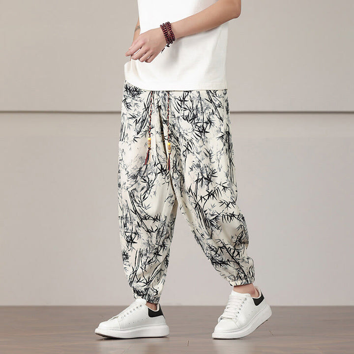 Pantaloni harem da uomo con coulisse e tasche con motivo a foglie di bambù Buddha Stones - image 1