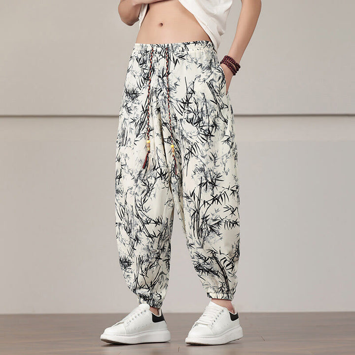 Pantaloni harem da uomo con coulisse e tasche con motivo a foglie di bambù Buddha Stones - image 8