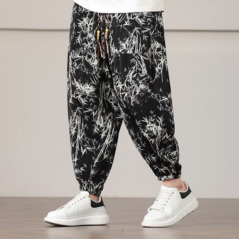 Pantaloni harem da uomo con coulisse e tasche con motivo a foglie di bambù Buddha Stones - image 17