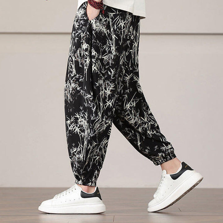 Pantaloni harem da uomo con coulisse e tasche con motivo a foglie di bambù Buddha Stones - image 14