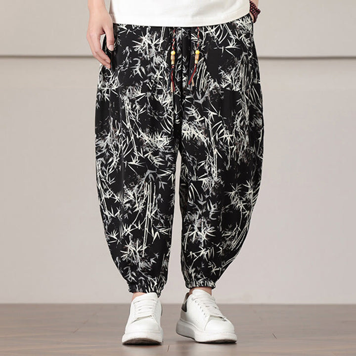 Pantaloni harem da uomo con coulisse e tasche con motivo a foglie di bambù Buddha Stones - image 12