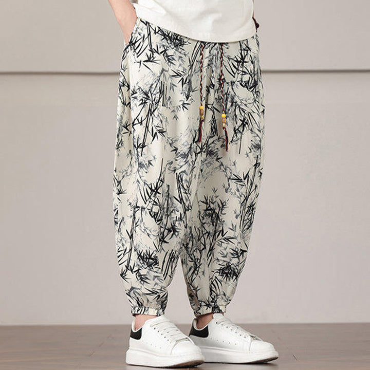 Pantaloni harem da uomo con coulisse e tasche con motivo a foglie di bambù Buddha Stones