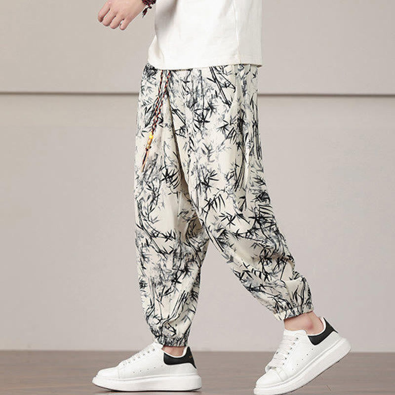 Pantaloni harem da uomo con coulisse e tasche con motivo a foglie di bambù Buddha Stones