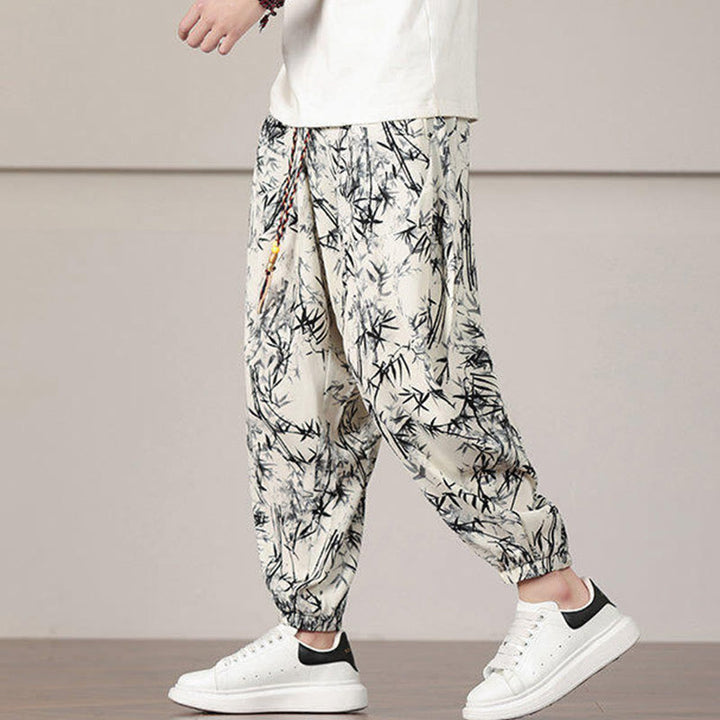 Pantaloni harem da uomo con coulisse e tasche con motivo a foglie di bambù Buddha Stones