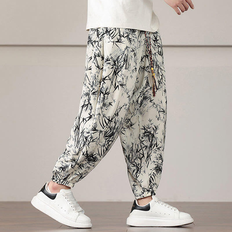 Pantaloni harem da uomo con coulisse e tasche con motivo a foglie di bambù Buddha Stones