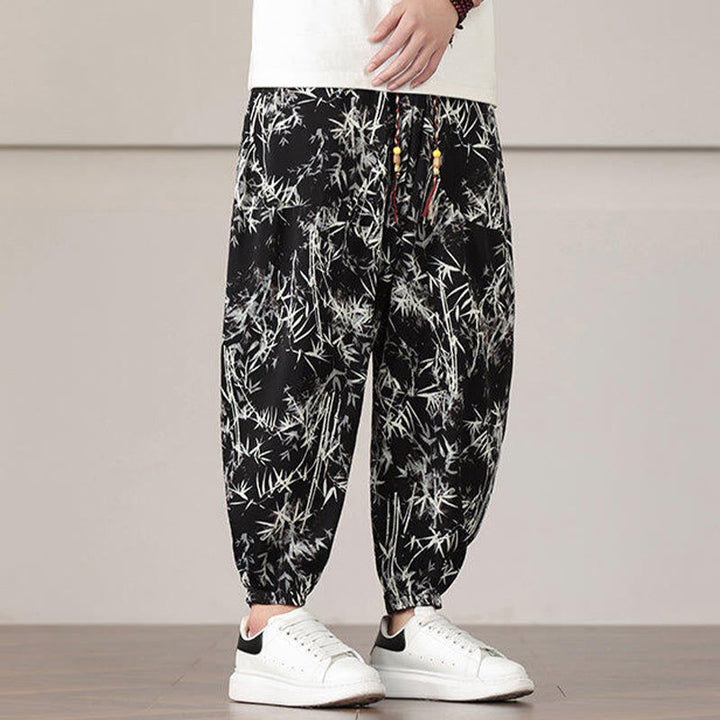 Pantaloni harem da uomo con coulisse e tasche con motivo a foglie di bambù Buddha Stones - image 18