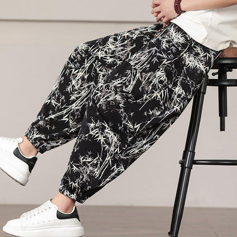 Pantaloni harem da uomo con coulisse e tasche con motivo a foglie di bambù Buddha Stones