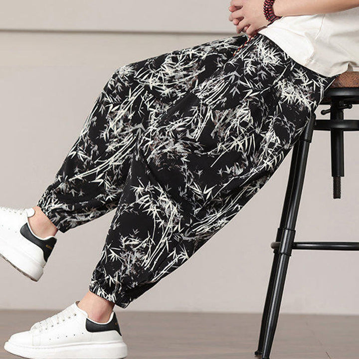 Pantaloni harem da uomo con coulisse e tasche con motivo a foglie di bambù Buddha Stones