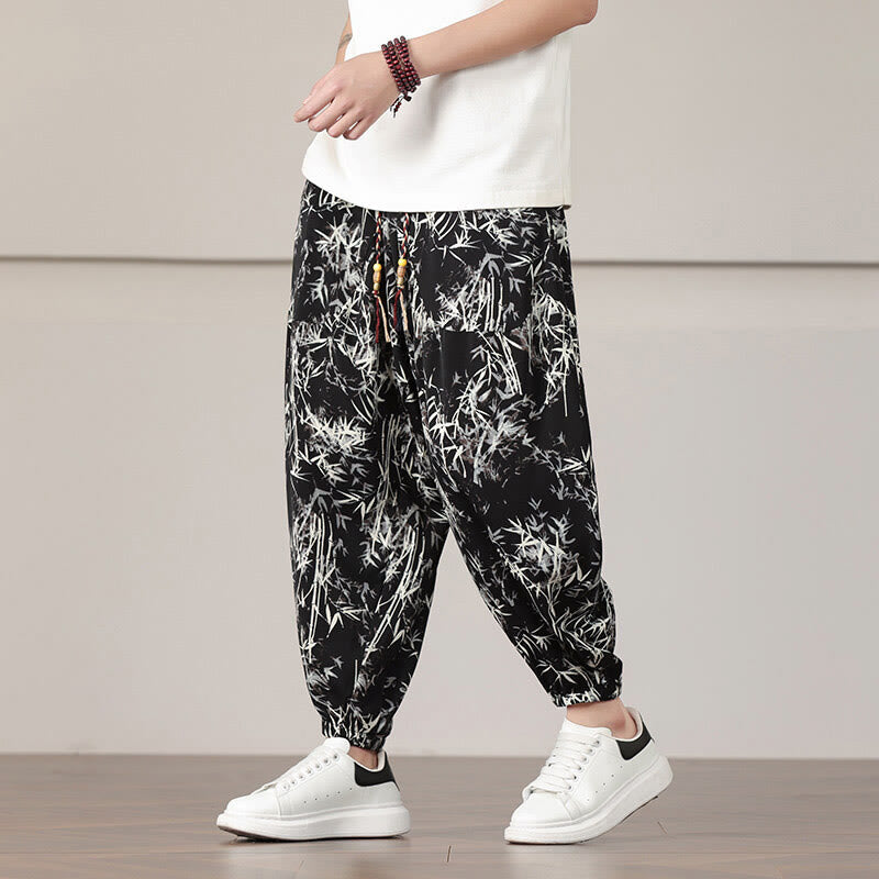Pantaloni harem da uomo con coulisse e tasche con motivo a foglie di bambù Buddha Stones
