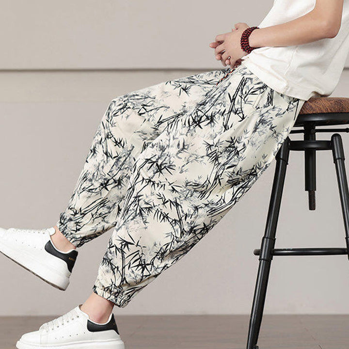 Pantaloni harem da uomo con coulisse e tasche con motivo a foglie di bambù Buddha Stones