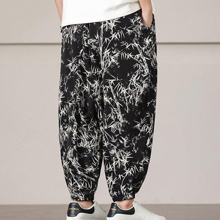 Pantaloni harem da uomo con coulisse e tasche con motivo a foglie di bambù Buddha Stones