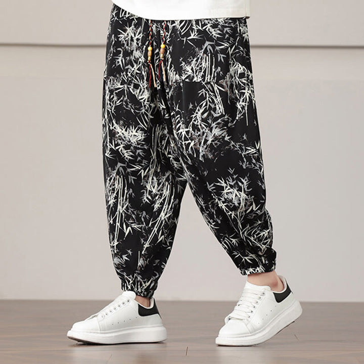 Pantaloni harem da uomo con coulisse e tasche con motivo a foglie di bambù Buddha Stones
