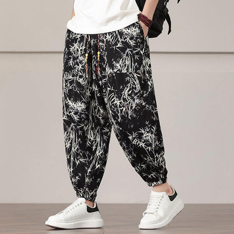 Pantaloni harem da uomo con coulisse e tasche con motivo a foglie di bambù Buddha Stones