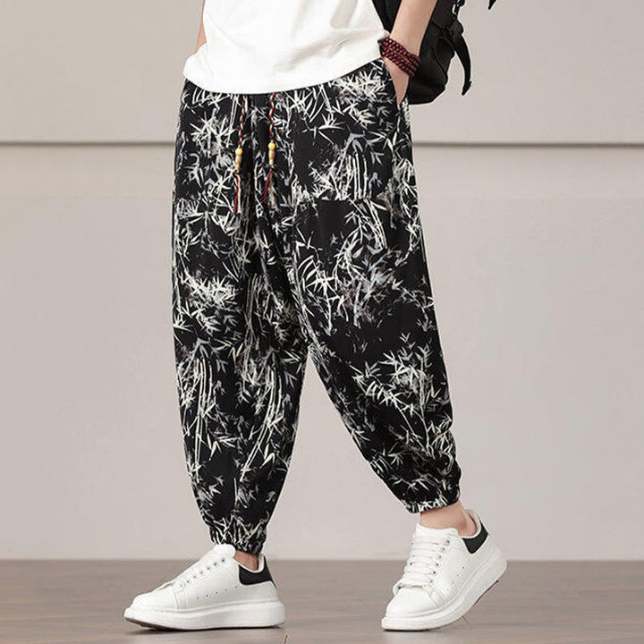 Pantaloni harem da uomo con coulisse e tasche con motivo a foglie di bambù Buddha Stones