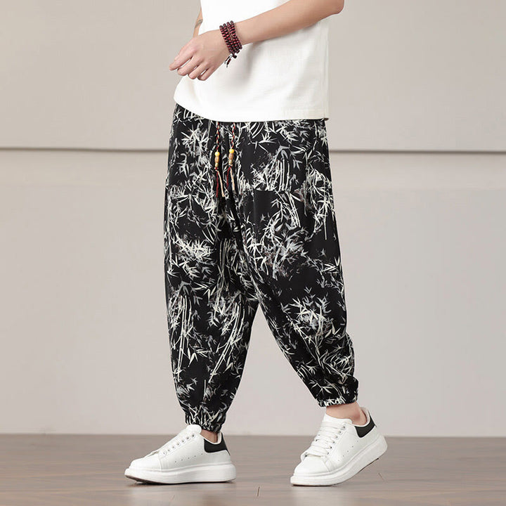 Pantaloni harem da uomo con coulisse e tasche con motivo a foglie di bambù Buddha Stones - Nero - US/UK/AU46, EU56 (5XL) - image 10