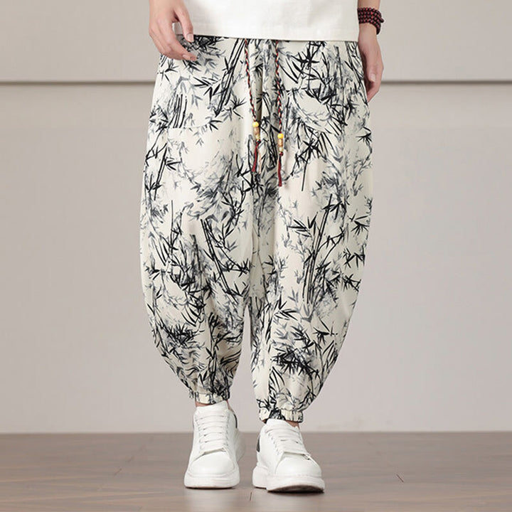 Pantaloni harem da uomo con coulisse e tasche con motivo a foglie di bambù Buddha Stones - Beige - US/UK/AU46, EU56 (5XL) - image 0