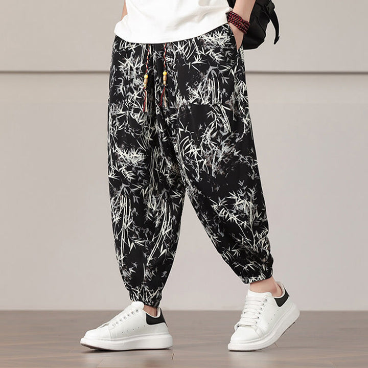 Pantaloni harem da uomo con coulisse e tasche con motivo a foglie di bambù Buddha Stones